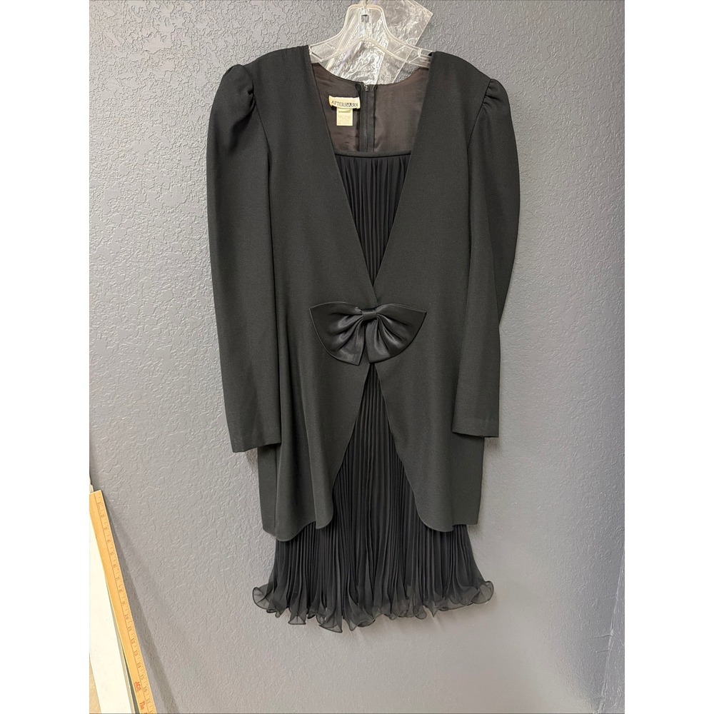 Vintage After Dark Black Pleated Chiffon Bow Cocktail Dress Size 9/10 USA Made